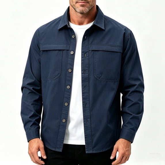 Trikvn Men's Casual Button Down Shirt Jackets Long Sleeve Lightweight Shacket Outerwear with Chest Flap Pockets Solid Workwear Safari Top Fall Winter Clothing