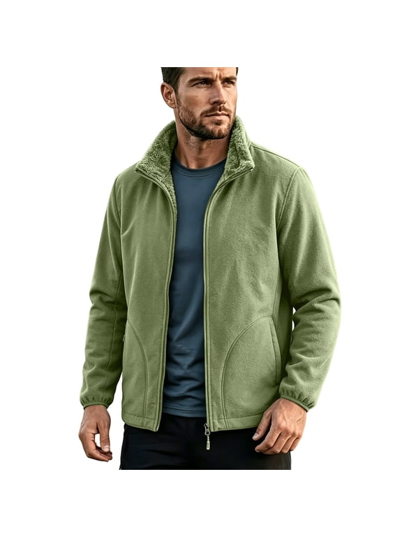 Men's Fleece Jacket Full Zip Up Winter Coat with Sherpa Lined Collar Lightweight Warm Outerwear with Zipper Pockets for Hiking Camping Casual Everyday Wear