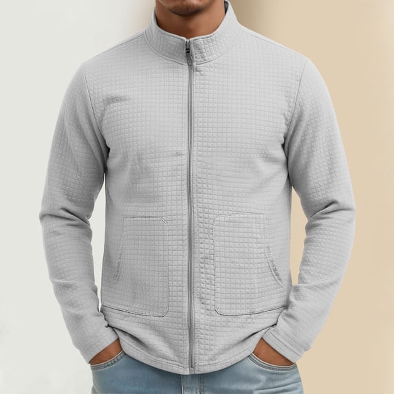Trikvn Men's Full Zip Jackets Stand Collar Sweatshirts Waffle Knit Casual Cardigan Sweaters Lightweight Athletic Track Tops with Patch Pockets for Golf Work Business