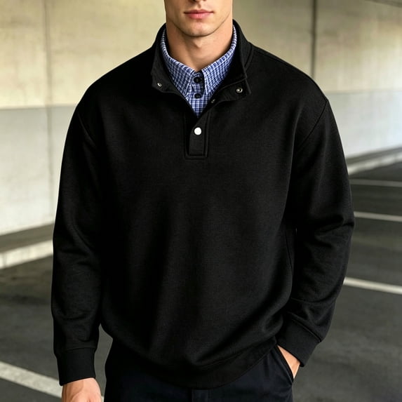 Trikvn Men's Pullover Sweatshirt with Snap Button Collar Long Sleeve Mock Neck Tops Classic Fit Casual Shirts Comfy Athletic Activewear for Fall Winter Daily