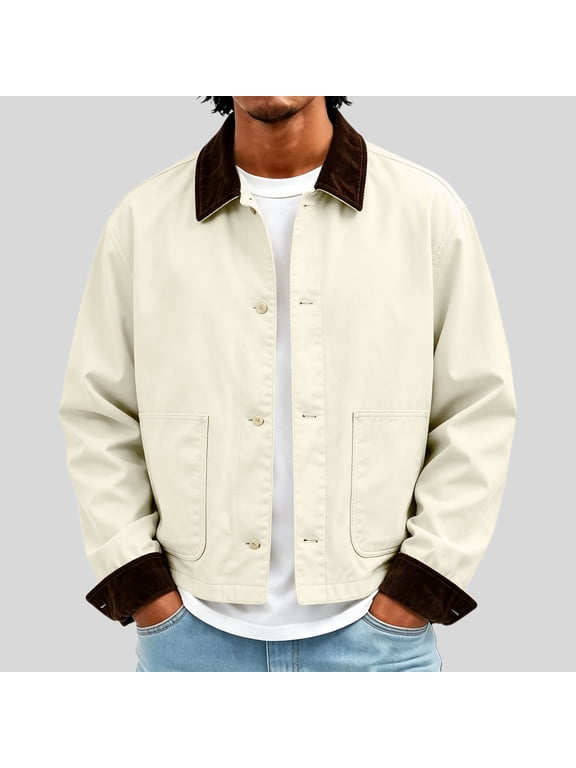 Mens Barn Jacket Fashion Corduroy Lapel Collared Button up Chore Coat Long Sleeve Contrast Work Jacket with Pockets for Spring Fall Dating