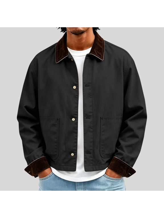 Mens Barn Jacket Fashion Corduroy Lapel Collared Button up Chore Coat Long Sleeve Contrast Work Jacket with Pockets for Spring Fall Dating