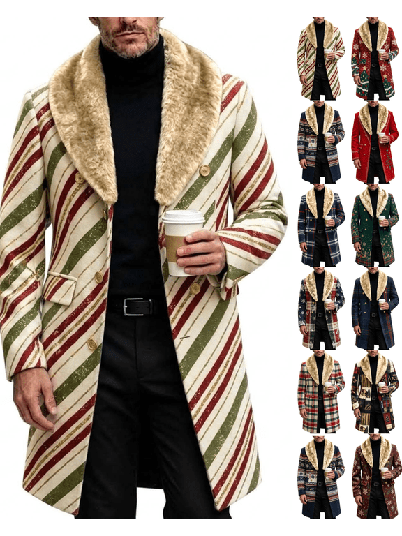 Mens Christmas Wool Blend Overcoat Candy Cane Stripe Double Breasted Long Coat with Removable Faux Fur Shawl Collar Warm Winter Holiday Party Dress Jacket