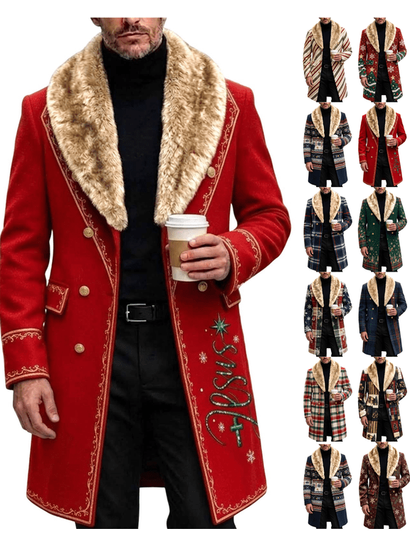 Mens Christmas Wool Blend Overcoat Jesus Cross Embroidery Double Breasted Long Coat with Removable Faux Fur Shawl Collar Warm Winter Holiday Party Dress Jacket