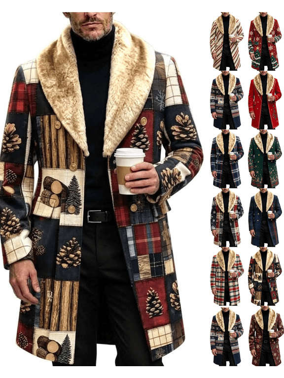 Mens Christmas Wool Blend Overcoat Pinecone Patchwork Print Double Breasted Long Coat with Removable Faux Fur Shawl Collar Warm Winter Holiday Party Jacket