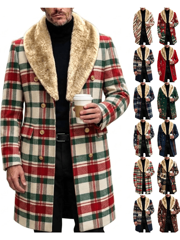 Mens Christmas Wool Blend Overcoat Plaid Double Breasted Long Coat with Removable Faux Fur Shawl Collar Warm Winter Dress Jacket for Holiday Party Formal Wear
