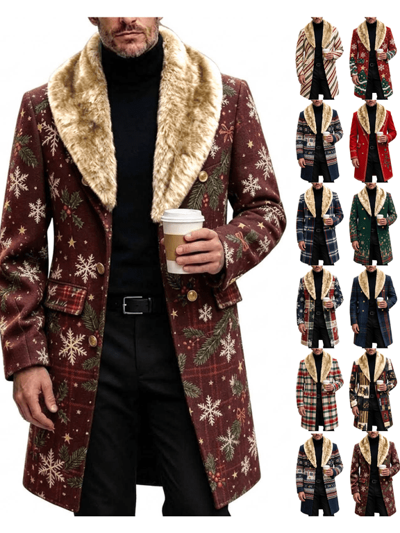 Mens Christmas Wool Blend Overcoat Snowflake Pine Print Double Breasted Long Coat with Removable Faux Fur Shawl Collar Warm Winter Holiday Party Dress Jacket