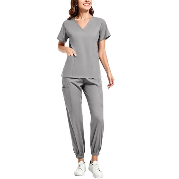 Trikvn Nursing Scrub Sets for Women Classic V-Neck Medical Uniforms Short Sleeve Top and Elastic Waist Jogger Pants Athletic Stretch Healthcare Apparel with Pockets