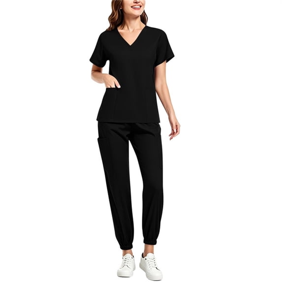Trikvn Nursing Scrub Sets for Women Classic V-Neck Medical Uniforms Short Sleeve Top and Elastic Waist Jogger Pants Athletic Stretch Healthcare Apparel with Pockets