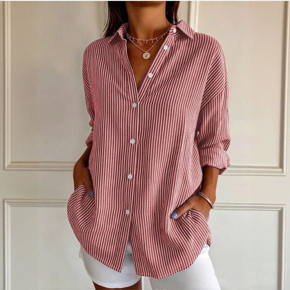 Trikvn Oversized Striped Shirts for Women Long Sleeve Button Down Collared Business Casual Tops Dressy Loose Fit Boyfriend Tunic Office Work Blouses
