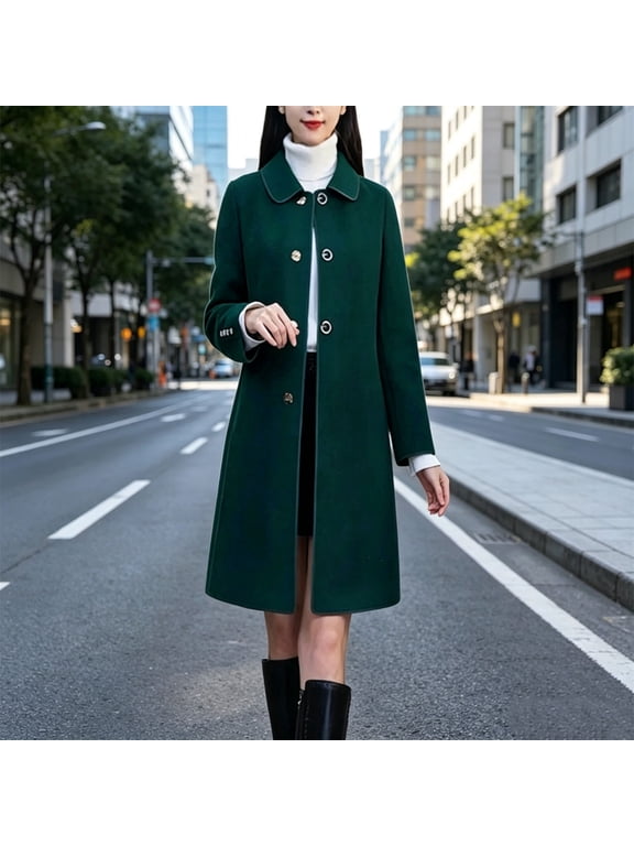 Oversized Wool Blend Coat Women Vintage Long Line Long Sleeve Peter Pan Collar Button Up Coats Winter Fall Overcoat with Pockets Plus Size Warm Outfit Daily Office Holiday M-4XL