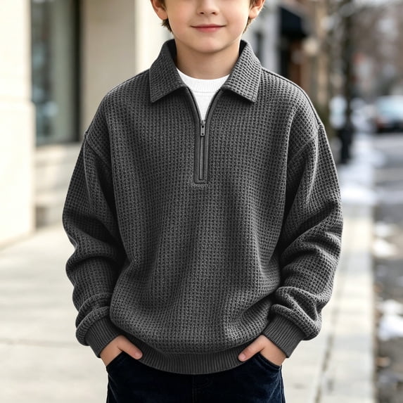 Trikvn Quarter Zip Pullover Sweater for Boys Waffle Knit Long Sleeve Lapel Collared Sweatshirt Casual Fall Winter Basic Tops Comfortable Active Outerwear for Kids