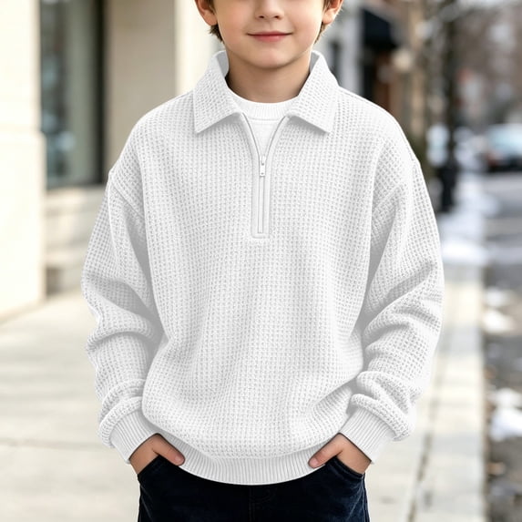 Trikvn Quarter Zip Pullover Sweater for Boys Waffle Knit Long Sleeve Lapel Collared Sweatshirt Casual Fall Winter Basic Tops Comfortable Active Outerwear for Kids