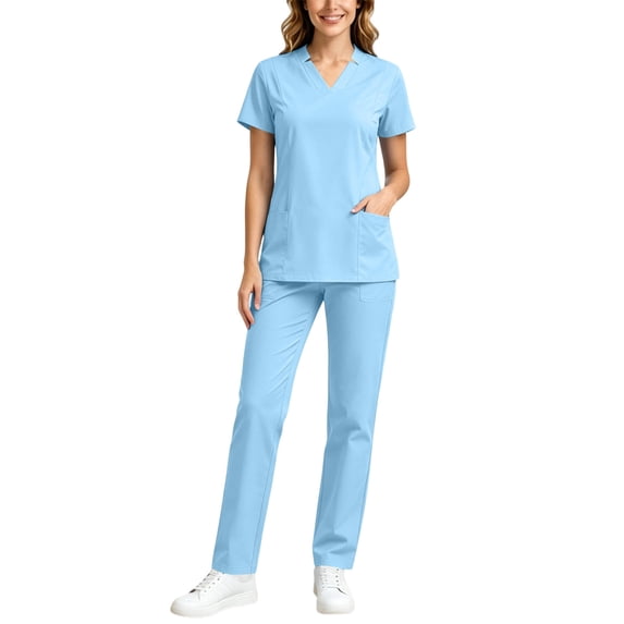 Trikvn Scrubs Sets for Women 2 Piece V Neck Short Sleeve Nurse Top and Drawstring Pants with Multi Pockets Medical Uniform Stretch Comfy Workwear Outfits