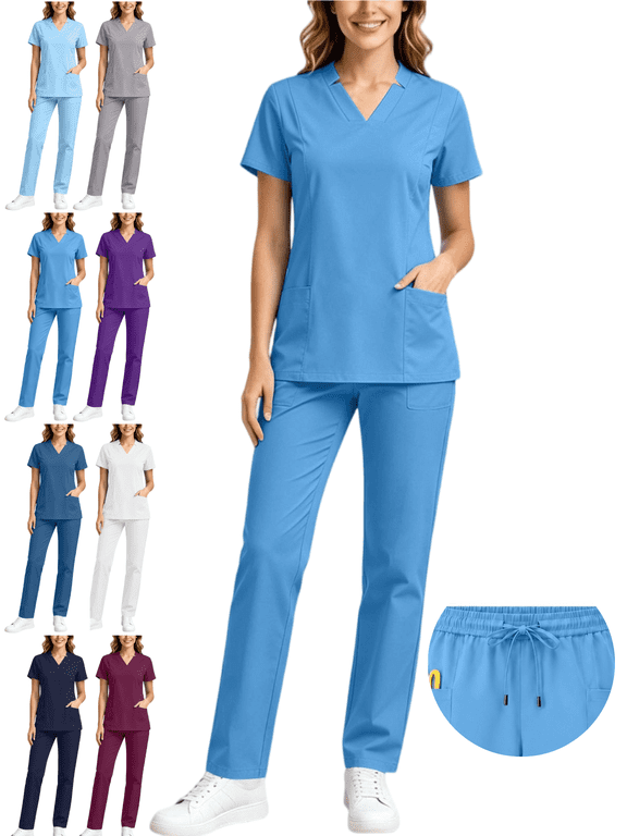 Scrubs Sets for Women 2 Piece V Neck Short Sleeve Nurse Top and Drawstring Pants with Multi Pockets Medical Uniform Stretch Comfy Workwear Outfits