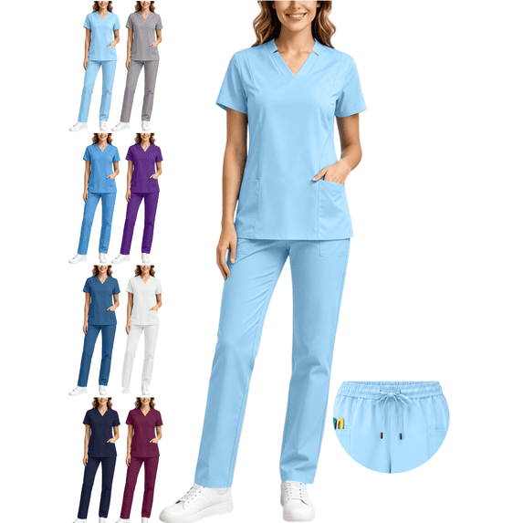 Trikvn Scrubs Sets for Women 2 Piece V Neck Short Sleeve Nurse Top and Drawstring Pants with Multi Pockets Medical Uniform Stretch Comfy Workwear Outfits
