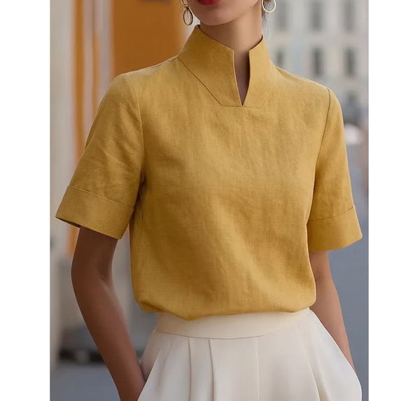 Trikvn Short Sleeve Blouses for Women Stand Collar Relaxed Fit Work Comfy Tops Summer Elegant Office Solid Basic Casual Business Shirts