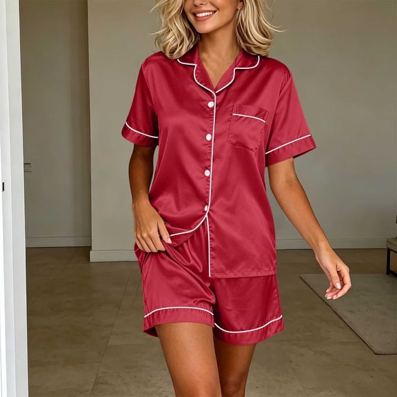 Trikvn Silk Pajamas for Women 2 Piece Sets Summer Button Up Satin Pajama Short Sleeve Tops and Shorts Lounge Sleepwear Soft Pjs