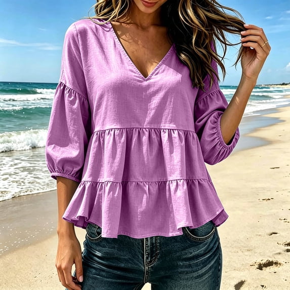 Trikvn Summer Tops for Women Casual V Neck Babydoll Shirts 3/4 Puff Sleeve Peplum Blouses Tiered Flowy Ruffle Tunic Lightweight Cute Vacation Beach Wear Loose Fit