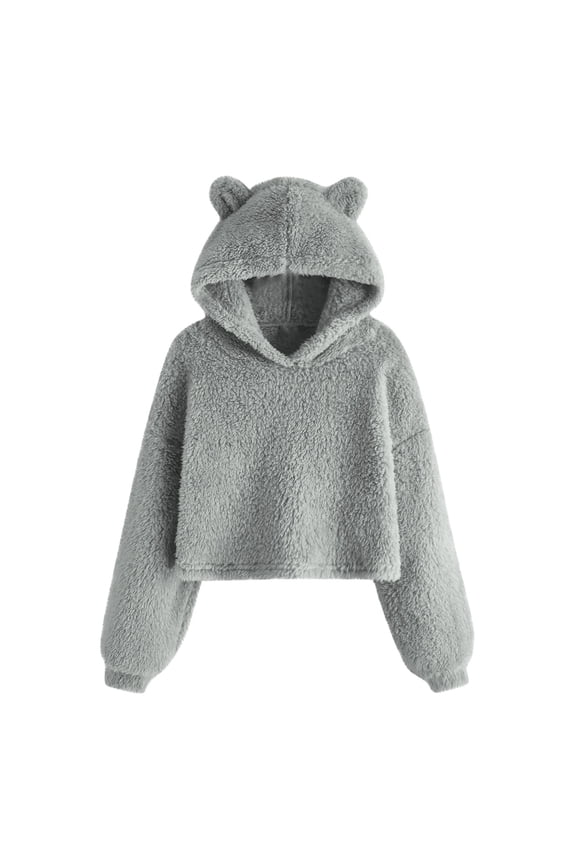 Teen Girls Fuzzy Fleece Cropped Hoodie Cute Bear Ear Pullover Sweatshirt Long Sleeve Fluffy Warm Top Casual Lounge Activewear for Fall Winter Fashion