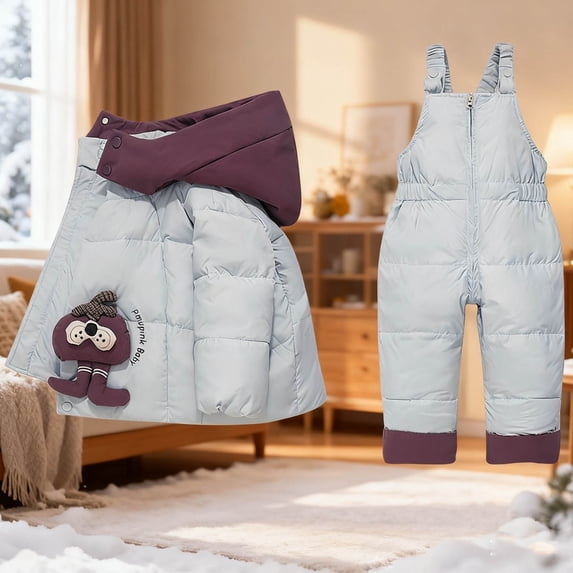 Trikvn Toddler Baby Winter Snowsuit 2-Piece Ski Suit Set Cute Cartoon Patch Hooded Snow Jacket and Windproof Bib Pants Thermal Outerwear for Little Boys Girls