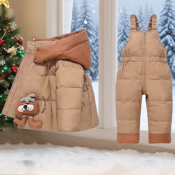Trikvn Toddler Baby Winter Snowsuit 2-Piece Ski Suit Set Cute Cartoon Patch Hooded Snow Jacket and Windproof Bib Pants Thermal Outerwear for Little Boys Girls