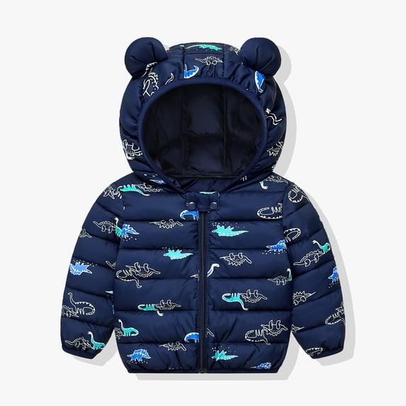 Trikvn Toddler Boys Dinosaur Puffer Jacket Winter Warm Thick Hooded Coat with Cute 3D Ears Windproof Zip Up Outerwear for Infant Kids Cold Weather Outdoor Snow Play