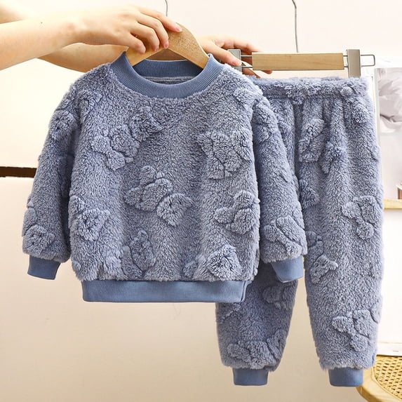 Trikvn Toddler Boys Girls 2-Piece Fleece Outfit Set Long Sleeve Fuzzy Pullover Sweatshirt and Sweatpants Warm Winter Tracksuit Teddy Bear Texture Kids Playwear