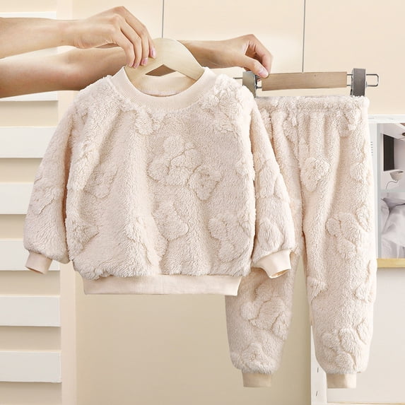 Trikvn Toddler Boys Girls 2-Piece Fleece Outfit Set Long Sleeve Fuzzy Pullover Sweatshirt and Sweatpants Warm Winter Tracksuit Teddy Bear Texture Kids Playwear