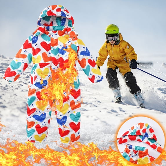 Trikvn Toddler Boys Kids One Piece Ski Suit Waterproof Windproof Winter Snowsuit Printed Snowboard Jumpsuit Hooded Warm Outdoor Winter Snow Wear Insulated Coveralls