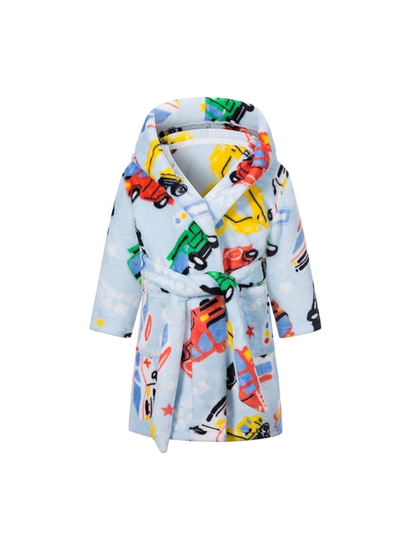 Toddler Boys Plush Fleece Robe Hooded Bathrobe with Cars and Trucks Print Soft Warm Sleepwear Long Sleeve Cozy Loungewear Nightgown Pajamas for Kids Winter