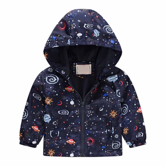 Trikvn Toddler Boys Space Planet Print Windbreaker Lightweight Hooded Jacket Zip Up Casual Spring Fall Coat Water Resistant Outwear for School Travel Outdoor Camping