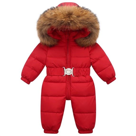 Trikvn Toddler Girls Boys One Piece Snowsuit Winter Waterproof Ski Suit Puffer Jumpsuit with Belt Warm Hooded Romper Thickened Windproof Cold Weather Gear