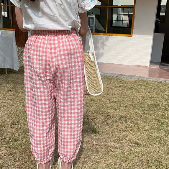 Trikvn Toddler Girls Boys Plaid Jogger Pants Elastic High Waist Loose Fit Gingham Harem Trousers Casual Lightweight Breathable Cotton Summer Long Pants Bloomers
