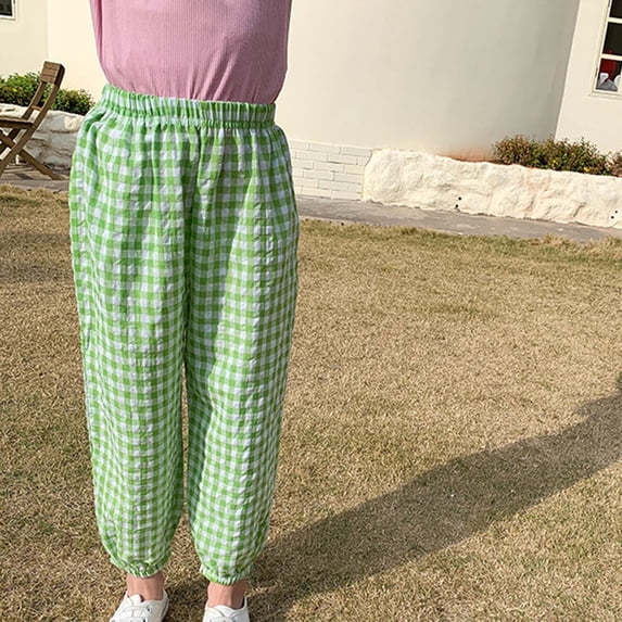 Trikvn Toddler Girls Boys Plaid Jogger Pants Elastic High Waist Loose Fit Gingham Harem Trousers Casual Lightweight Breathable Cotton Summer Long Pants Bloomers