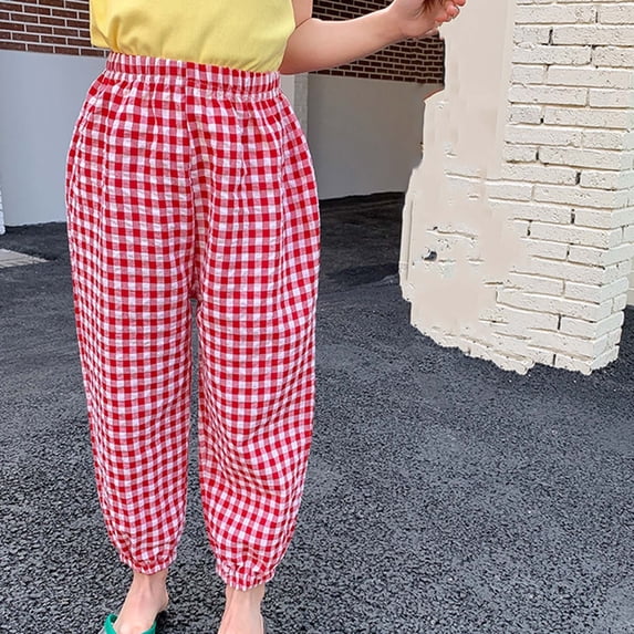 Trikvn Toddler Girls Boys Plaid Jogger Pants Elastic High Waist Loose Fit Gingham Harem Trousers Casual Lightweight Breathable Cotton Summer Long Pants Bloomers