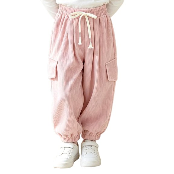 Trikvn Toddler Girls Corduroy Pants Elastic Waist Drawstring Joggers with Cargo Pockets Casual Loose Fall Winter Trousers