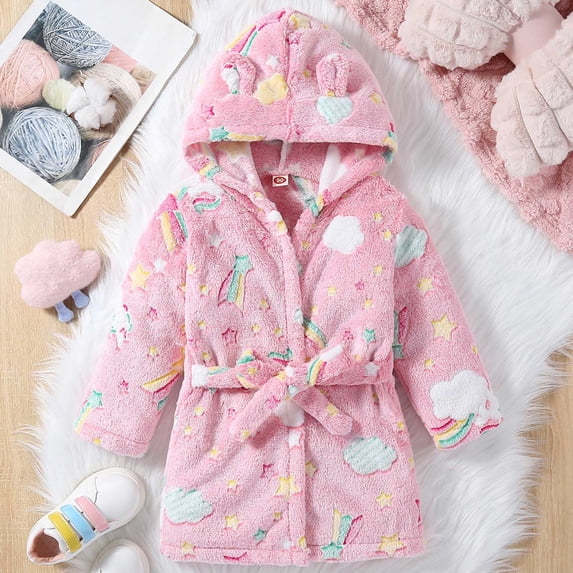 Trikvn Toddler Girls Fleece Bathrobe Plush Hooded Robe with Animal Ears Cute Rainbow Star Print Sleepwear Cozy Nightgown for Kids Spa Bath Loungewear Blanket