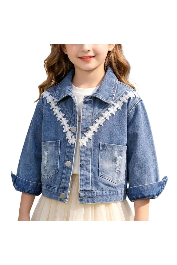 Toddler Girls Jean Jacket Button Down Long Sleeve Denim Outerwear with Floral Lace V-Neck Applique Distressed Pockets Casual Fall Spring Coats for Kids