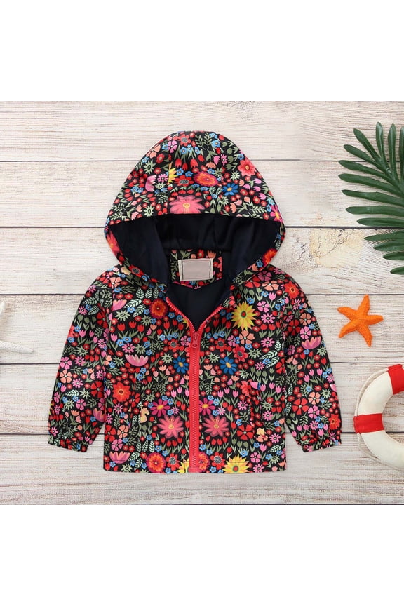 Toddler Girls Windbreaker Jacket Cute Rabbit Bunny Print Zip Up Hooded Coat Lightweight Water Resistant Outerwear for Kids Spring Fall Activewear