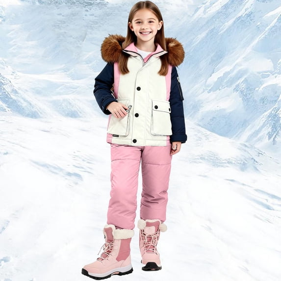 Trikvn Toddler Girls Winter Ski Suit 2-Piece Snowsuit Set Waterproof Windproof Colorblock Snowboarding Jacket with Warm Hood and Snow Pants for Outdoor Sports