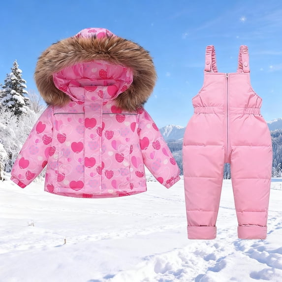 Trikvn Toddler Girls Winter Ski Suit Set 2-Piece Waterproof Snowsuit Sweet Heart Pattern Hooded Snow Jacket and Windproof Bib Pants Thick Warm Outerwear Apparel