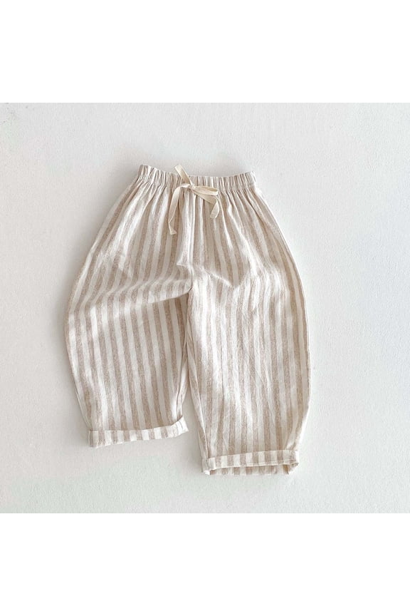 Toddler Kids Boys Loose Striped Harem Pants Baby Casual Linen Cotton Bloomer Trousers Elastic Waist Soft Breathable Summer Beach Slacks Comfortable Everyday Sleepwear