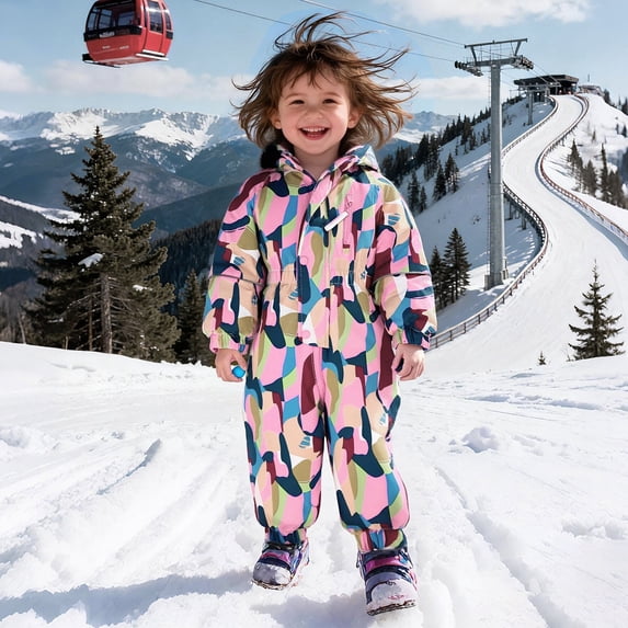 Trikvn Toddler Kids Girls One Piece Ski Suit Waterproof Winter Snowsuit Graphic Print Snowboard Jumpsuit with Hood Windproof Warm Outdoor Winter Snow Wear Overalls
