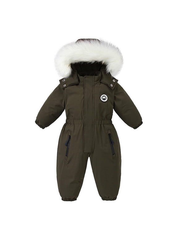 Toddler Kids One Piece Snowsuit Boys Girls Winter Jumpsuit Waterproof Windproof Ski Suit Romper Coveralls with Faux Hood Zipper Pockets for Skiing