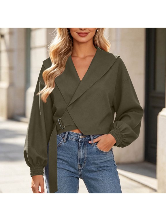Trendy Wrap Jacket for women Cropped V Neck Cropped Belted Smocked Cuff Drop Shoulder Tops for Spring Fall Office Casual