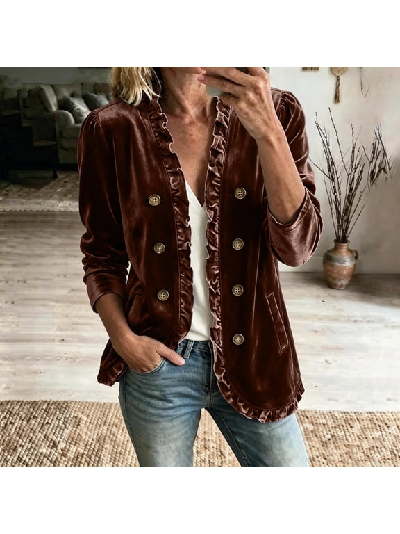 Velvet Jacket Women Vintage Ruffle Trim Open Front Decor Double Breasted Blazer Long Sleeve Retro Coat with Pockets for Fall Winter Costume