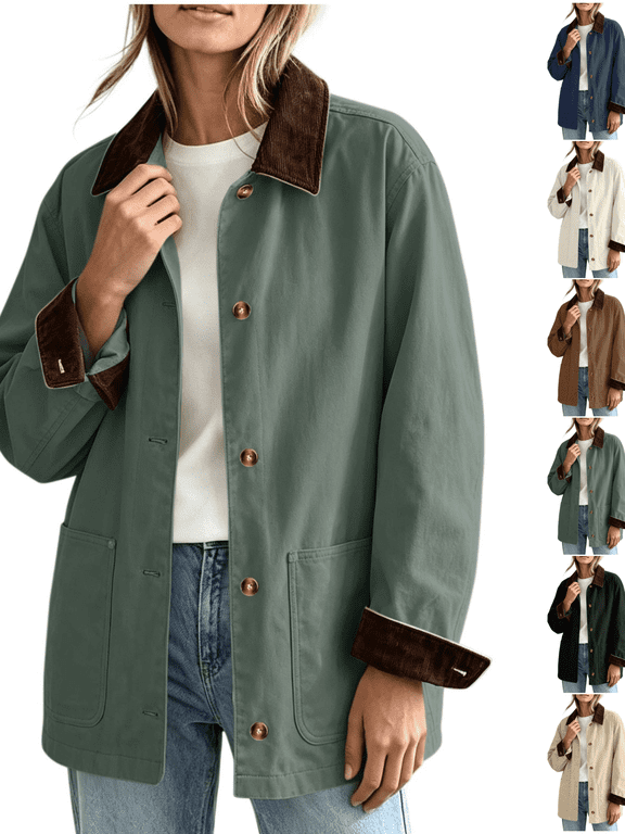Vintage Jackets Women Lightweight Lapel Collar Corduroy Long Sleeve Barn Jacket with Pockets Button Up Fall Cozy Trendy Loose Coat Winter Casual Daily Layering Outfit