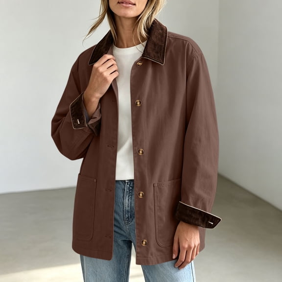 Trikvn Vintage Jackets Women Lightweight Lapel Collar Corduroy Long Sleeve Barn Jacket with Pockets Button Up Fall Cozy Trendy Loose Coat Winter Casual Daily Layering Outfit