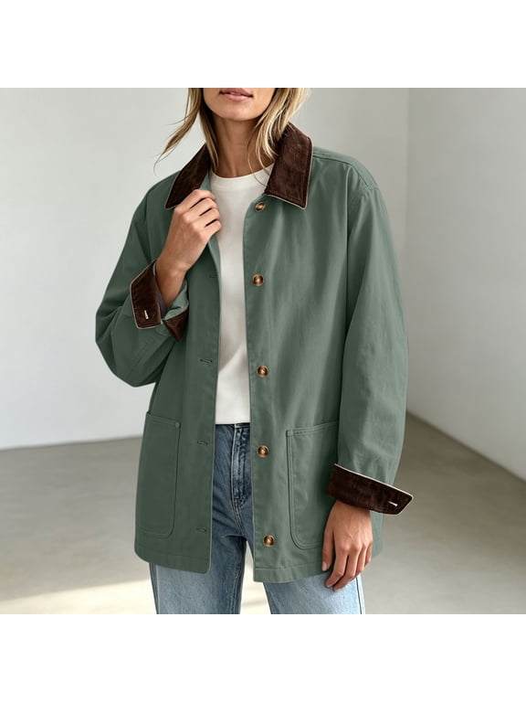 Vintage Jackets Women Lightweight Lapel Collar Corduroy Long Sleeve Barn Jacket with Pockets Button Up Fall Cozy Trendy Loose Coat Winter Casual Daily Layering Outfit